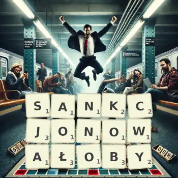 Kreatywna ilustracja do gry w Scrabble ze słowem SANKCJONOWAŁOBY ułożonym z płytek na planszy.