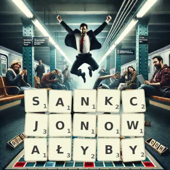 Kreatywna ilustracja do gry w Scrabble ze słowem SANKCJONOWAŁYBY ułożonym z płytek na planszy.