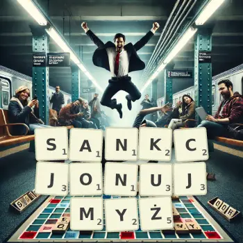 Kreatywna ilustracja do gry w Scrabble ze słowem SANKCJONUJMYŻ ułożonym z płytek na planszy.