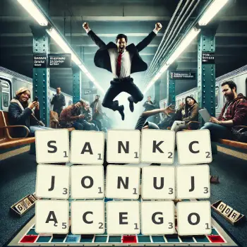 Kreatywna ilustracja do gry w Scrabble ze słowem SANKCJONUJĄCEGO ułożonym z płytek na planszy.
