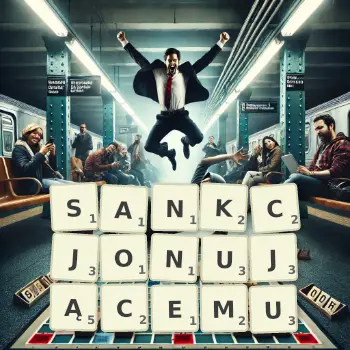 Kreatywna ilustracja do gry w Scrabble ze słowem SANKCJONUJĄCEMU ułożonym z płytek na planszy.