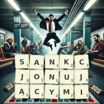 Kreatywna ilustracja do gry w Scrabble ze słowem SANKCJONUJĄCYMI ułożonym z płytek na planszy.