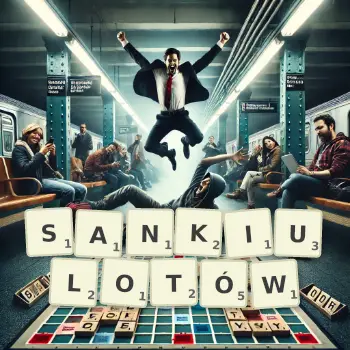 Kreatywna ilustracja do gry w Scrabble ze słowem SANKIULOTÓW ułożonym z płytek na planszy.