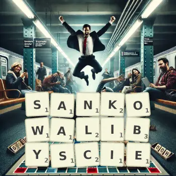 Kreatywna ilustracja do gry w Scrabble ze słowem SANKOWALIBYSCIE ułożonym z płytek na planszy.