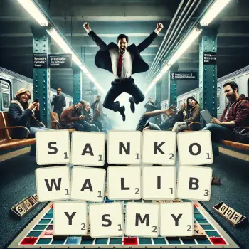 Kreatywna ilustracja do gry w Scrabble ze słowem SANKOWALIBYSMY ułożonym z płytek na planszy.