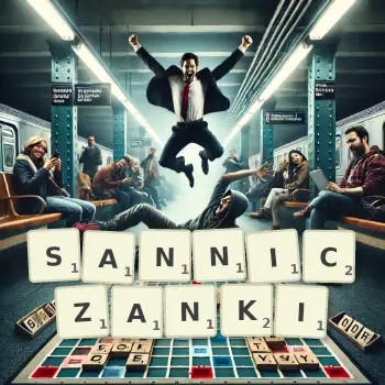 Kreatywna ilustracja do gry w Scrabble ze słowem SANNICZANKI ułożonym z płytek na planszy.