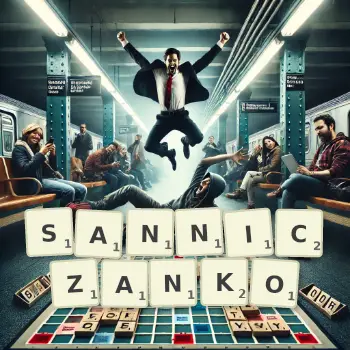 Kreatywna ilustracja do gry w Scrabble ze słowem SANNICZANKO ułożonym z płytek na planszy.