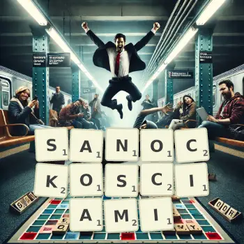 Kreatywna ilustracja do gry w Scrabble ze słowem SANOCKOSCIAMI ułożonym z płytek na planszy.