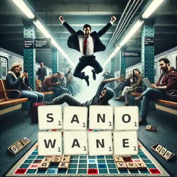 Kreatywna ilustracja do gry w Scrabble ze słowem SANOWANE ułożonym z płytek na planszy.