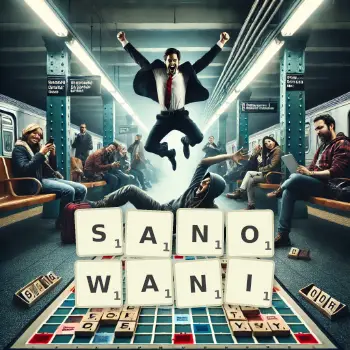 Kreatywna ilustracja do gry w Scrabble ze słowem SANOWANI ułożonym z płytek na planszy.