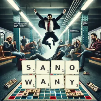 Kreatywna ilustracja do gry w Scrabble ze słowem SANOWANY ułożonym z płytek na planszy.