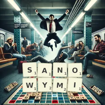 Kreatywna ilustracja do gry w Scrabble ze słowem SANOWYMI ułożonym z płytek na planszy.