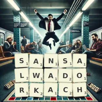 Kreatywna ilustracja do gry w Scrabble ze słowem SANSALWADORKACH ułożonym z płytek na planszy.