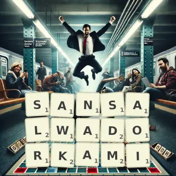 Kreatywna ilustracja do gry w Scrabble ze słowem SANSALWADORKAMI ułożonym z płytek na planszy.