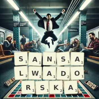 Kreatywna ilustracja do gry w Scrabble ze słowem SANSALWADORSKA ułożonym z płytek na planszy.