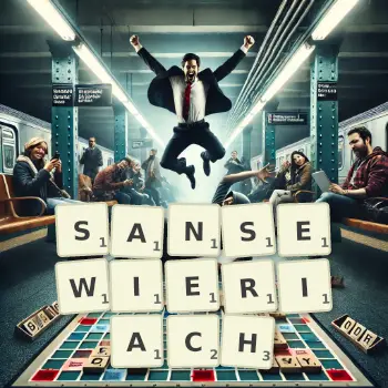 Kreatywna ilustracja do gry w Scrabble ze słowem SANSEWIERIACH ułożonym z płytek na planszy.