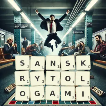 Kreatywna ilustracja do gry w Scrabble ze słowem SANSKRYTOLOGAMI ułożonym z płytek na planszy.