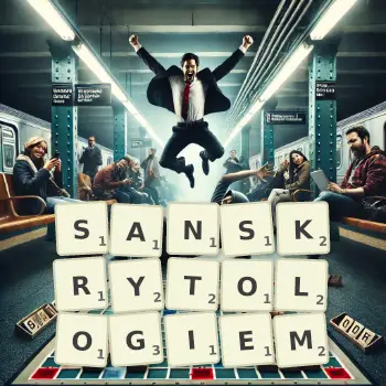 Kreatywna ilustracja do gry w Scrabble ze słowem SANSKRYTOLOGIEM ułożonym z płytek na planszy.