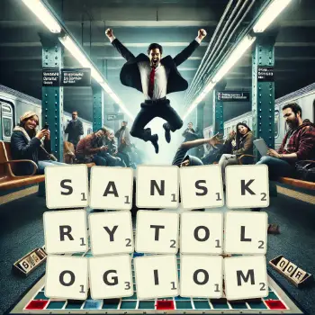 Kreatywna ilustracja do gry w Scrabble ze słowem SANSKRYTOLOGIOM ułożonym z płytek na planszy.