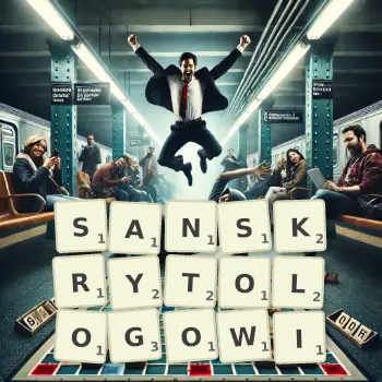 Kreatywna ilustracja do gry w Scrabble ze słowem SANSKRYTOLOGOWI ułożonym z płytek na planszy.