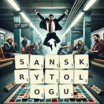 Kreatywna ilustracja do gry w Scrabble ze słowem SANSKRYTOLOGU ułożonym z płytek na planszy.