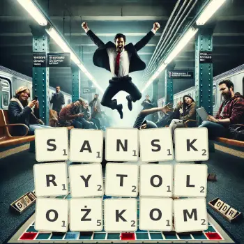 Kreatywna ilustracja do gry w Scrabble ze słowem SANSKRYTOLOŻKOM ułożonym z płytek na planszy.