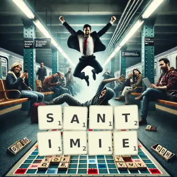 Kreatywna ilustracja do gry w Scrabble ze słowem SANTIMIE ułożonym z płytek na planszy.