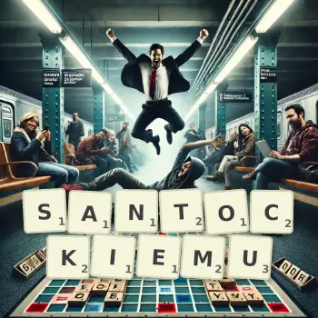 Kreatywna ilustracja do gry w Scrabble ze słowem SANTOCKIEMU ułożonym z płytek na planszy.