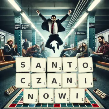 Kreatywna ilustracja do gry w Scrabble ze słowem SANTOCZANINOWI ułożonym z płytek na planszy.