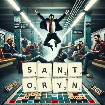 Kreatywna ilustracja do gry w Scrabble ze słowem SANTORYN ułożonym z płytek na planszy.