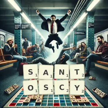 Kreatywna ilustracja do gry w Scrabble ze słowem SANTOSCY ułożonym z płytek na planszy.