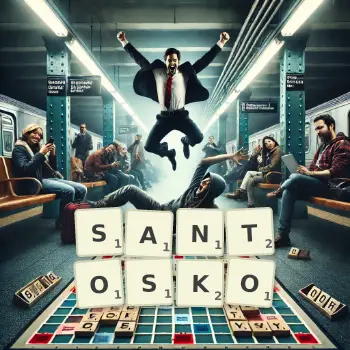 Kreatywna ilustracja do gry w Scrabble ze słowem SANTOSKO ułożonym z płytek na planszy.