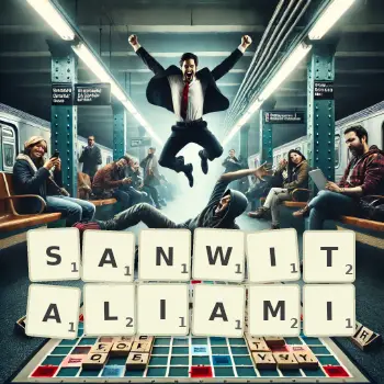 Kreatywna ilustracja do gry w Scrabble ze słowem SANWITALIAMI ułożonym z płytek na planszy.