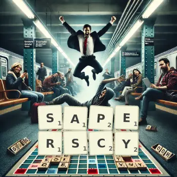 Kreatywna ilustracja do gry w Scrabble ze słowem SAPERSCY ułożonym z płytek na planszy.