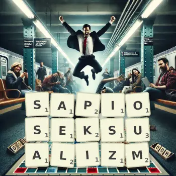 Kreatywna ilustracja do gry w Scrabble ze słowem SAPIOSEKSUALIZM ułożonym z płytek na planszy.