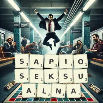 Kreatywna ilustracja do gry w Scrabble ze słowem SAPIOSEKSUALNA ułożonym z płytek na planszy.