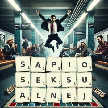 Kreatywna ilustracja do gry w Scrabble ze słowem SAPIOSEKSUALNEJ ułożonym z płytek na planszy.