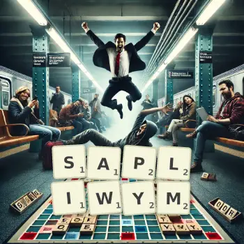 Kreatywna ilustracja do gry w Scrabble ze słowem SAPLIWYM ułożonym z płytek na planszy.