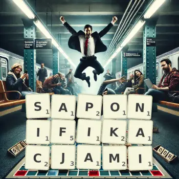 Kreatywna ilustracja do gry w Scrabble ze słowem SAPONIFIKACJAMI ułożonym z płytek na planszy.
