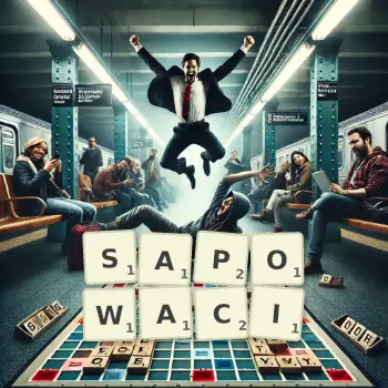 Kreatywna ilustracja do gry w Scrabble ze słowem SAPOWACI ułożonym z płytek na planszy.