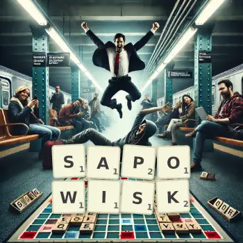 Kreatywna ilustracja do gry w Scrabble ze słowem SAPOWISK ułożonym z płytek na planszy.