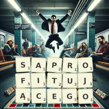 Kreatywna ilustracja do gry w Scrabble ze słowem SAPROFITUJĄCEGO ułożonym z płytek na planszy.