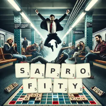 Kreatywna ilustracja do gry w Scrabble ze słowem SAPROFITY ułożonym z płytek na planszy.