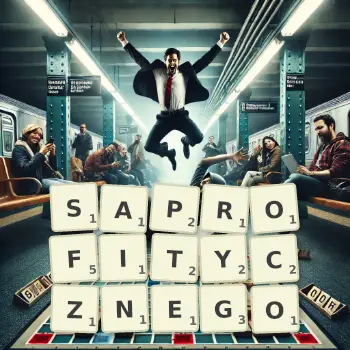 Kreatywna ilustracja do gry w Scrabble ze słowem SAPROFITYCZNEGO ułożonym z płytek na planszy.