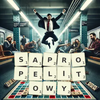 Kreatywna ilustracja do gry w Scrabble ze słowem SAPROPELITOWY ułożonym z płytek na planszy.