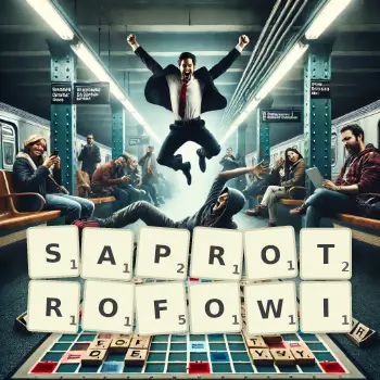 Kreatywna ilustracja do gry w Scrabble ze słowem SAPROTROFOWI ułożonym z płytek na planszy.