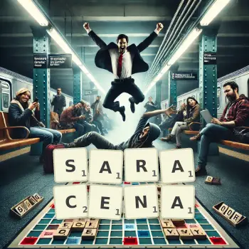 Kreatywna ilustracja do gry w Scrabble ze słowem SARACENA ułożonym z płytek na planszy.