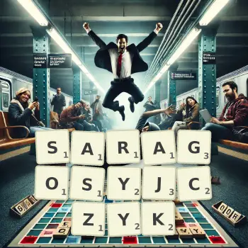 Kreatywna ilustracja do gry w Scrabble ze słowem SARAGOSYJCZYK ułożonym z płytek na planszy.