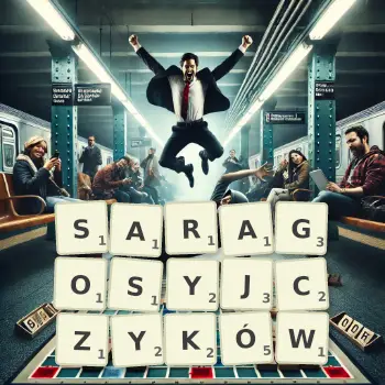 Kreatywna ilustracja do gry w Scrabble ze słowem SARAGOSYJCZYKÓW ułożonym z płytek na planszy.