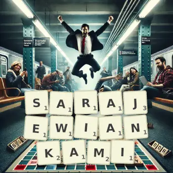 Kreatywna ilustracja do gry w Scrabble ze słowem SARAJEWIANKAMI ułożonym z płytek na planszy.